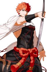  1boy abs absurdres brown_eyes cape commentary_request emiya_shirou fate/grand_order fate_(series) highres holding holding_sword holding_weapon japanese_clothes katana korean_commentary light_smile male_focus messy_hair onyajj orange_hair senji_muramasa_(fate) senji_muramasa_(second_ascension)_(fate) simple_background solo spiky_hair sword toned toned_male weapon white_background white_cape 