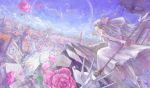  bare_shoulders broken brown_eyes building checkered_floor city clock clock_tower clouds cup dress elbow_gloves flower gate glass hair_ornament long_hair moon petals pixiv_fantasia ribbon rose ruins running shoes silver_hair sky smile solo staff tea tower vase wall weapon wings 