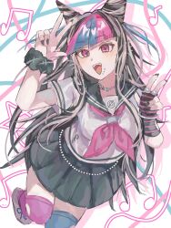  1girl black_hair black_skirt bow bowtie commentary_request danganronpa_(series) danganronpa_2:_goodbye_despair double_v face_piercing from_above highres jewelry long_hair looking_at_viewer mioda_ibuki multicolored_thighhighs necklace open_mouth piercing pink_bow pink_bowtie pleated_skirt raira_ra11 school_uniform serafuku skirt solo teeth thigh-highs upper_teeth_only v violet_eyes white_serafuku 