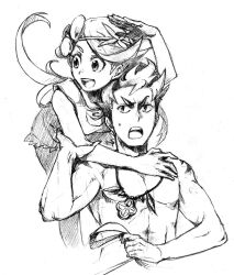  1boy 1girl commentary_request greyscale highres holding holding_reins jewelry kiawe_(pokemon) looking_at_another mallow_(pokemon) monochrome necklace open_mouth pokemon pokemon_sun_and_moon reins shading_eyes sima_(hakoniwa1201) sketch smile sweatdrop toned toned_male 