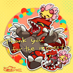  blush cherrim cherrim_(sunshine) chibi chibi_inset claws closed_eyes commentary_request commission english_text engrish_text groudon highres kawaanago no_humans on_head open_mouth outline pokemon pokemon_(creature) pokemon_focus pokemon_on_head ranguage sharp_teeth signature skeb_commission smile spikes teeth thank_you white_outline 
