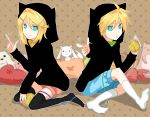  aqua_eyes artist_request blonde_hair hairclip hoodie kagamine_len kagamine_rin kyubey kyuubee mahou_shoujo_madoka_magica nekomimi pillows pointing short_hair shorts smile socks star vocaloid 