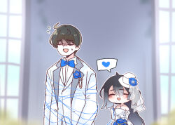  1boy 1girl black_hair blanchet_(trickcal) blue_bow blue_bowtie blue_eyes blue_flower blue_rose blush bound bouquet boutonniere bow bowtie chibi closed_eyes commentary_request dress flower hat hat_flower hat_veil height_difference holding holding_bouquet jewelry korean_commentary leader_(trickcal) mini_hat necklace omo_(saindoc) open_mouth rose smile string string_around_finger string_of_fate suit traditional_bowtie trickcal wedding wedding_dress white_dress white_hat white_suit 