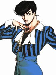  1boy alternate_costume big_hair black_eyes black_hair blue_jacket blue_pants chain chain_necklace commentary cropped_jacket diamond_wa_kudakenai earrings gold_chain hand_up higashikata_josuke high-waist_pants highres jacket jewelry jojo_no_kimyou_na_bouken long_sleeves looking_at_viewer male_focus necklace pants pinstripe_pattern pompadour santamanymany simple_background solo striped_clothes striped_jacket stud_earrings untranslatable_commentary upper_body white_background 