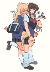  2girls alternate_costume animal_charm bag bag_charm black_nails black_vest blonde_hair blue_eyes blue_sweater blush bow bowtie bracelet brown_eyes brown_hair brown_shoes cellphone cellphone_charm charm_(object) class_of_09 closed_mouth commentary earrings english_commentary flip_phone full_body grey_background gyaru heart highres holding holding_phone hug hug_from_behind jecka_(class_of_09) jewelry leg_up leg_warmers long_hair looking_at_another multiple_girls nicole_(class_of_09) parted_lips phone plaid_clothes plaid_skirt pleated_skirt red_bow red_bowtie school_bag school_uniform shoes simple_background skirt smile socks speech_bubble spoken_heart spoken_squiggle squiggle sweater tan vest walkingdownthestairs white_leg_warmers white_socks yuri 