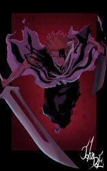  1boy attacking_viewer backlighting black_border black_hakama black_kimono black_sclera bleach bleach:_sennen_kessen-hen border brown_eyes colored_sclera commentary_request dual_wielding facial_mark forehead full_body hakama heterochromia highres holding holding_sword holding_weapon hole_in_chest hole_on_body japanese_clothes kimono kurosaki_ichigo leaning_forward long_sleeves looking_at_viewer male_focus mismatched_sclera nose orange_hair outside_border parted_lips red_background shikai short_hair signature simple_background solo spiky_hair sword tabi torn_clothes torn_kimono torn_sleeves true_zangetsu_(shikai) upturned_eyes v-shaped_eyebrows weapon wide_sleeves yellow_eyes zipy-zip-zip06 