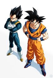  2boys absurdres black_eyes black_hair blue_bodysuit blue_sash blue_shirt bodysuit dougi dragon_ball dragon_ball_super full_body gloves highres male_focus medium_hair multiple_boys muscular muscular_male orange_pants orange_shirt pants roub3d saiyan_armor sash shirt smirk son_goku spiky_hair standing vegeta white_gloves white_pants 