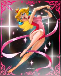 1girl absurdres athletic_leotard bare_legs barefoot blonde_hair blue_eyes crown dancing earrings full_body gymnastics highres jewelry kerokero_viv leotard long_hair open_mouth pink_leotard pink_ribbon princess_peach red_leotard ribbon smile solo sparkle sphere_earrings super_mario_bros. 