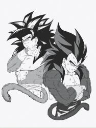  black_hair blue_sash body_fur dougi dragon_ball dragon_ball_gt highres kenran_dokkan long_hair looking_at_viewer male_focus monkey_boy monkey_tail multiple_boys muscular muscular_male no_nipples pants pectorals red_fur saiyan sash smile son_goku spiky_hair super_saiyan super_saiyan_4 tail vegeta yellow_pants 