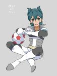  1boy armband ball boots cosplay gloves green_hair inazuma_eleven inazuma_eleven_(series) kiyama_hiroto kiyama_hiroto_(cosplay) male open_mouth rococo_urupa simple_background soccer_ball solo telstar the_genesis zuwai_kani 