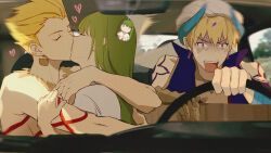  1other 2boys absurdres androgynous blonde_hair blue_vest body_markings car car_interior car_seat chain character_charm charm_(object) circlet closed_eyes collared_vest commentary couple driving dual_persona earrings emalfire enkidu_(fate) fake_horns fate/grand_order fate/strange_fake fate_(series) fingernails flower_tattoo french_kiss gauntlets gem gilgamesh_(caster)_(fate) gilgamesh_(fate) gold_chain gold_earrings gold_necklace green_hair hair_between_eyes hand_on_another's_arm high_collar highres hitman's_wife's_bodyguard hoop_earrings horns hug jewelry kiss long_hair looking_afar male_focus meme motor_vehicle multiple_boys neck_ring necklace open_clothes open_mouth open_vest other_focus other_with_male parody purple_gem red_eyes robe scared short_hair shoulder_tattoo single_gauntlet sitting spiky_hair steering_wheel sweat tattoo teeth tongue turban untranslatable_commentary v-shaped_eyebrows very_long_hair vest white_robe white_turban wide-eyed 