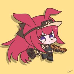  1girl animal_ears arknights black_shirt black_shorts breasts chibi chibi_only commentary_request gloves headlamp highres jacket lapfrence large_breasts long_hair looking_at_viewer one_ear_down pantyhose purple_hair rabbit_ears rabbit_girl ray_(arknights) red_hair shirt shorts simple_background solo thigh_scrunchie very_long_hair violet_eyes visor_cap 