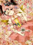 cross daisy flower flower_request gloves hair_bow highres kaname_madoka lying magical_girl mahou_shoujo_madoka_magica ojou one_eye_covered pink_eyes pink_hair short_twintails tears twintails white_gloves wings 