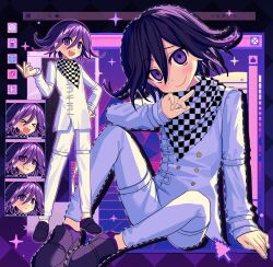  >_< 1boy :d argyle_background arm_support black_shoes blush checkered_shawl closed_mouth cursor danganronpa_(series) danganronpa_v3:_killing_harmony dotted_line drop_shadow empty_eyes evil_grin evil_smile expressionless flipped_hair full_body grin hair_between_eyes hand_on_own_hip hand_up highres icon_(computing) index_finger_raised invisible_floor jacket knees_up loafers male_focus medium_hair multiple_views oma_kokichi open_mouth outline pants pink_outline pixelated purple_hair purple_socks purple_theme raised_eyebrow shoes sitting sleeves_past_wrists smile socks sparkle standing thigh_strap tile_floor tiles torn_clothes torn_jacket violet_eyes watashi_candy white_jacket white_pants window_(computing) 