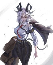  1girl absurdres arm_pouch armband ashen_illust black_armband black_horns black_pants black_tail breasts button_gap chest_harness choker closed_mouth commentary_request curled_horns demon_tail earrings grey_hair hair_between_eyes harness high-waist_pants highres horns jewelry large_breasts long_hair looking_at_viewer necktie necktie_around_wrists office_lady pants red_eyes red_necktie shirt solo tail tight_clothes tight_pants white_shirt wuthering_waves zani_(wuthering_waves) 