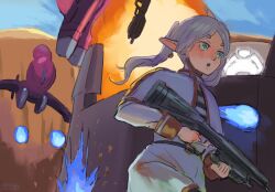  1girl assault_rifle banshee_(halo) blue_sky bullpup capelet cliff earrings elf explosion frieren green_eyes gun halo:_combat_evolved halo_(series) highres holding holding_gun holding_weapon jewelry kanokoga m90 ma5 plasma pointy_ears pump_action rifle robe running short_eyebrows shotgun signature sky solo sousou_no_frieren v-shaped_eyebrows weapon white_capelet white_hair white_robe 