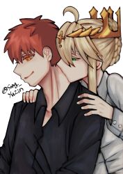  1boy 1girl artist_name artoria_pendragon_(fate) artoria_pendragon_(lancer)_(fate) black_shirt collared_shirt commentary_request crown emiya_shirou fate/grand_order fate/stay_night fate_(series) kiss kissing_neck messy_hair red_hair shirt signature smile song_yuzin twitter_username white_shirt 