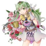  1girl double_v dress flower frey_(rune_factory) gloves gradient_hair green_eyes green_hair hair_ornament long_hair multicolored_hair rune_factory rune_factory_4 sakurage solo twintails v watering_can 