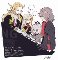  2boys 2girls :o ahoge antonio_salieri_(fate) antonio_salieri_(second_ascension)_(fate) artist_name ascot black_capelet black_coat black_gloves blank_speech_bubble blonde_hair capelet coat commentary_request curly_hair elbow_gloves fate/grand_order fate_(series) gloves gray_(fate) gray_lily_(fate) green_eyes grey_hair grey_robe hair_between_eyes hair_intakes hair_ribbon half_updo hand_on_own_chin hand_up highres hood hood_down hooded_robe instrument jewelry kimidorix32 long_hair long_sleeves medallion multiple_boys multiple_girls olga_marie_animusphere olga_marie_animusphere_(young) one_eye_closed open_mouth orange_eyes orange_ribbon piano pinstripe_jacket pinstripe_pattern red_ascot red_eyes ribbon ring robe short_hair sidelocks signature simple_background sparkle sparkling_eyes speech_bubble striped_clothes translation_request tress_ribbon vertical-striped_clothes white_background white_gloves wolfgang_amadeus_mozart_(fate) 