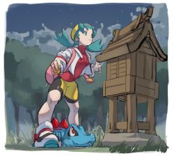  1girl aqua_eyes aqua_hair beanie bike_shorts border commentary_request crocodile crocodilian forest grass gs_ball hat highres holding holding_poke_ball ilex_forest in-universe_location kris_(pokemon) momot1130 nature open_clothes open_vest poke_ball poke_ball_(basic) pokegear pokemon pokemon_(creature) pokemon_gold/silver/crystal red_shirt shirt shorts shrine spikes totodile tree twintails vest white_border yellow_hat yellow_shorts 