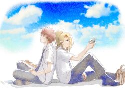  2boys adam's_apple back-to-back blonde_hair blue_necktie blue_sky clouds deidara_(naruto) dress_shirt earphones full_body grey_pants long_hair male_focus multiple_boys naruto_(series) naruto_shippuuden necktie oishiiudon1240 on_floor pants red_hair sasori_(naruto) school_uniform shared_earphones shirt short_hair sitting sky spiky_hair white_shirt 