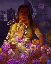  2girls absurdres armband blonde_hair bouquet brown_eyes brown_hair closed_eyes commentary crying crying_with_eyes_open dark-skinned_female dark_skin dreadlocks english_commentary ermes_costello facepaint flower gloria_costello graffiti green_lips green_vest halo highres hijo_joestar jojo_no_kimyou_na_bouken long_hair makeup multiple_girls orange_flower orange_sweater pink_flower purple_flower siblings sisters sticker stone_ocean sweater tears turtleneck turtleneck_sweater very_dark_skin vest white_flower yellow_armband 