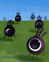  6+others artist_name barcode black_eyes blue_sky clear_sky commentary creature day english_commentary field grass highres horror_(theme) looking_at_another multiple_others no_humans one-eyed outdoors patapon sky standing tinapaynarye twitter_username 