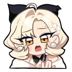  1girl ahoge animated animated_gif astrae_oratio asymmetrical_hair black_ribbon blonde_hair brown_eyes earrings gold_necklace hair_intakes hair_ribbon heart_locket jewelry keikou_mayoi looking_at_viewer lowres medium_hair mole mole_on_forehead necklace official_art open_mouth pearl_earrings ribbon second-party_source sidelocks simple_background solo tearing_up white_background 