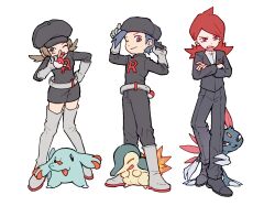  1girl 2boys backwards_hat baseball_cap black_hair brown_hair cosplay cowlick cyndaquil ethan_(pokemon) giovanni_(pokemon) giovanni_(pokemon)_(cosplay) hat highres holding holding_poke_ball lyra_(pokemon) multiple_boys newsboy_cap phanpy poke_ball poke_ball_(basic) pokemon pokemon_(creature) pokemon_heartgold_and_soulsilver r_(letter) red_hair silver_(pokemon) sneasel tan_carbonnn team_rocket team_rocket_grunt team_rocket_grunt_(cosplay) team_rocket_uniform twintails white_background 