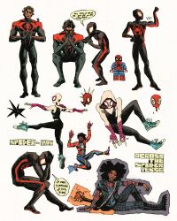  1girl 6+boys afro animal_print black_hair blue_shirt bodysuit brown_hair chan_(flesh.png) character_request commentary converse english_commentary english_text flexing guitar hands_on_own_head highres hood hooded_bodysuit instrument jacket lego long_sleeves marvel multicolored_bodysuit multiple_boys multiple_views pants plaid_clothes plaid_pants print_bodysuit shirt shoes short_hair short_sleeves sitting sneakers speech_bubble spider-gwen spider-man:_across_the_spider-verse spider-man_(series) spider-punk spider-verse spider_print spider_web_print standing superhero_costume two-tone_bodysuit very_short_hair white_background 