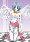  bare_shoulders blue_eyes blue_hair breasts bridal_gauntlets checkered choker dualsky facial_mark filia_(star_ocean_2) forehead_mark halo kneeling pointy_ears short_hair solo star_ocean star_ocean_the_second_story thigh-highs thighhighs white_legwear wings 