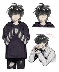  1boy absurdres ahoge bandaid bandaid_on_face bandaid_on_finger bandaid_on_hand biting black_hair black_hoodie black_pants blue_necktie chongwenziren collared_shirt cowboy_shot cropped_torso degrees_of_lewdity earrings flying_sweatdrops green_eyes hair_between_eyes hands_up highres hood hood_down hoodie jealous jewelry kylar_(degrees_of_lewdity) kylar_(male)_(degrees_of_lewdity) layered_sleeves long_sleeves looking_at_viewer lower_eyelashes_only male_focus male_yandere multiple_views nail_biting necktie nervous_smile nostrils pants parted_lips school_uniform shirt short_hair short_over_long_sleeves short_sleeves sleeves_past_wrists smile straight-on striped_clothes striped_shirt sweatdrop torn_clothes torn_pants wavy_hair white_shirt yandere 