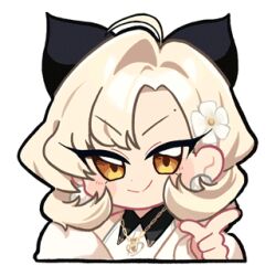  1girl ahoge animated animated_gif astrae_oratio asymmetrical_bangs black_ribbon blonde_hair blush box brown_eyes collared_shirt dot_nose earrings finger_gun flower fur_jacket gift gift_box hair_flower hair_intakes hair_ornament hair_ribbon jacket jewelry keikou_mayoi looking_at_viewer lowres medium_hair mole mole_on_forehead necklace official_art pearl_earrings pointing pointing_at_viewer red_ribbon ribbon second-party_source shirt sidelocks simple_background smile solo too_many_gifts white_background winking_(animated) 