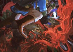  2boys absurdres bandolier battle beard belt belt_pouch black_sclera blonde_hair blue_capelet blue_tunic boots brown_boots brown_pants capelet chest_harness colored_sclera dark-skinned_male dark_skin earrings facial_hair fangs ganondorf gerudo glowing glowing_sword glowing_weapon green_nails harness highres holding holding_sword holding_weapon horns impaled jewelry link long_hair male_focus master_sword multicolored_eyes multiple_boys open_mouth pants pointy_ears pouch prosthesis prosthetic_arm red_facial_hair sharp_teeth slit_pupils sword teeth the_legend_of_zelda the_legend_of_zelda:_tears_of_the_kingdom topless_male tunic two-tone_eyes violet_eyes weapon yellow_eyes 