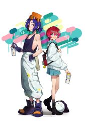  1boy 1girl absurdres amate_yuzuriha aqua_eyes aqua_shirt aqua_skirt black_boots black_shirt blue_gloves blue_hair boots commentary conch_(gundam) from_side full_body gloves graffiti gundam gundam_gquuuuuux hand_in_pocket haro highres holding holding_spray_can momote paint_splatter paint_splatter_on_face pants pleated_skirt red_eyes red_hair robot school_uniform shirt short_hair shuji_ito skirt spray_can standing sweater untranslatable_commentary white_pants white_sweater 