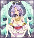  angel_wings bare_shoulders blue_eyes blue_hair bracelet facial_mark filia_(star_ocean_2) forehead_mark foreshortening gloves halo jewelry koto_(artr) necklace outstretched_hand pointy_ears short_hair smile solo star_ocean star_ocean_the_second_story wings 