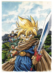  1990s_(style) 1girl 3boys arm_hair arm_wrap beard_stubble belt black_eyes black_hair black_headband blonde_hair blue_eyes blue_pants blue_shirt border brown_belt brown_cape brown_gloves cape character_request clenched_hands closed_mouth cross_scar day facial_hair fingerless_gloves furusawa_jun'ya glint gloves gonza_delcross_terius green_hair green_sash green_vest grin headband highres holding holding_sword holding_weapon kala_(riruto_no_chikai) kiseru looking_at_viewer multiple_boys official_art open_mouth orange_shirt outdoors painting_(medium) pants purple_pants red_sash retro_artstyle riruto_(riruto_no_chikai) sash scar scar_across_eye scar_on_cheek scar_on_face shirt smile smoking_pipe smoking_pipe_in_mouth standing stubble sword the_legend_of_zelda third-party_source traditional_media triforce turban vest weapon white_border white_shirt zelda_no_densetsu:_riruto_no_chikai 