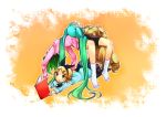  backbend blonde_hair book closed_eyes dress eyes_closed footwear green_hair gumi hair_ornament hair_ribbon hairclip hands_clasped hatsune_miku kagamine_rin long_hair multiple_girls ribbon skirt socks twintails very_long_hair vocaloid yuukiarisu 