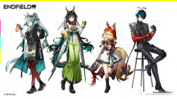  1boy 3girls animal_ears arcane_(arknights) arknights arknights:_endfield bird_ears bird_girl camille_(arknights) commentary_request copyright_logo copyright_notice full_body highres korean_commentary logo mona0101 multiple_girls official_art rossi_(arknights) sitting zhuang_fangyi_(arknights) 