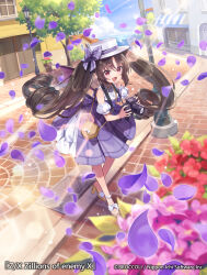  1girl :d arane_(z/x) bare_shoulders black_hair blue_sky bow brown_sandals building camera camera_around_neck clouds commentary_request day detached_sleeves dress fang flower hat hat_bow highres holding holding_camera horizon lamppost long_hair looking_at_viewer ocean official_art outdoors petals pink_flower plaid_bow puffy_short_sleeves puffy_sleeves purple_bow purple_dress purple_wings red_eyes red_flower ringlets sandals shirt short_sleeves sky sleeveless sleeveless_shirt smile solo standing tree twintails very_long_hair water white_hat white_shirt white_sleeves wings yuko_(uc_yuk) z/x 