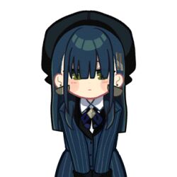  3girls ahoge animated animated_gif antenna_hair astrae_oratio asymmetrical_bangs blue_bow blue_bowtie blue_coat blue_gem blue_necktie blush bow bowtie closed_eyes coat collared_shirt crossed_arms crystal_earrings dangle_earrings dangling_earring earrings expressionless flower_hairclip fur_coat gem gold_necklace green_eyes grey_jacket hair_intakes hair_ornament hairclip jacket jewelry keikou_mayoi long_hair looking_at_viewer lowres mitsukoe_runa multiple_girls necklace necktie official_art own_hands_together parallel_hairclips pearl_earrings pendant second-party_source shiranui_ren shirt sidelocks two_side_up 