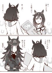  3girls animal_ears commentary_request daring_tact_(umamusume) fenomeno_(black_flames_of_the_righteous_spirit)_(umamusume) fenomeno_(umamusume) gloves goggles goggles_on_headwear hair_between_eyes hair_ornament hat highres horse_ears horse_girl jacket long_hair monochrome multiple_girls stay_gold_(sunlit_outsider)_(umamusume) stay_gold_(umamusume) sweatdrop translation_request umamusume white_background yukota00 