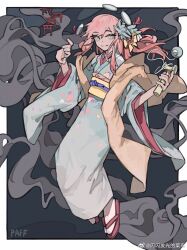  1girl aroma_white blue_eyes blue_kimono blue_nails character_name cytus cytus_ii floating_headgear full_body hair_ornament headgear highres holding japanese_clothes kanzashi kendama kimono long_hair looking_at_viewer obi orange_shawl pink_hair sandals sash shanshan_faguang_de_cainiao shawl smile smoke tabi torii watermark weibo_watermark yellow_sash 