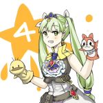  1girl bow frey_(rune_factory) gem green_eyes grin hair_bow hand_puppet looking_at_viewer lowres puppet rune_factory rune_factory_4 sakurage smile solo star twintails 