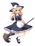  blonde_hair blush braid broom broom_riding cross_(artist) cross_(crossryou) hat highres kirisame_marisa long_hair mary_janes mini-hakkero shoes simple_background solo touhou witch witch_hat yellow_eyes 