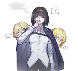  ! 1boy 2girls black_coat black_hair blonde_hair chest_belt cigarette coat coat_on_shoulders commentary don_quixote_(project_moon) dress_shirt hiding hiding_behind_another highres holding holding_cigarette limbus_company multiple_girls open_clothes open_coat pants plz_wpqkfdy project_moon red_eyes ryoshu_(project_moon) shirt short_hair sinclair_(project_moon) smoke smoking speech_bubble spoken_exclamation_mark spoken_object white_background white_shirt yellow_eyes 