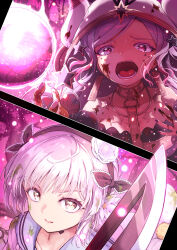  2girls commentary_request crystal_ball hairband highres kyukyutto_(denryoku_hatsuden) long_hair magical_girl mahou_shoujo_ikusei_keikaku mahou_shoujo_ikusei_keikaku_red multiple_girls open_mouth pink_hair pity_frederica sailor_collar school_uniform short_hair snow_white_(mahoiku) spoilers star_ornament weapon 