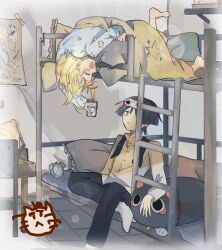  1boy 1girl alarm_clock alternate_costume arms_at_sides barefoot bed black_necktie black_pants blonde_hair blue_shirt blue_sleeves blunt_ends blush bunk_bed cat_mask cellphone chair chopgiu choppy_bangs clock closed_eyes collared_shirt commentary contemporary desk_lamp english_commentary eye_mask eyeliner facing_another floral_print floral_print_shirt frilled_pillow frills genshin_impact grey_eyes highres holding holding_phone indoors ladder lamp long_sleeves looking_at_another lumine_(genshin_impact) lying makeup mask necktie on_stomach open_collar open_mouth paimon_(genshin_impact) pajamas pants parted_lips phone pillow popped_collar poster_(object) print_shirt red_eyeliner royal_ease scaramouche_(cat)_(genshin_impact) scaramouche_(genshin_impact) school_uniform shirt short_hair sideways_mouth sitting sleep_mask smartphone socks star_(symbol) star_print stuffed_toy table taking_picture under_covers undone_necktie upside-down white_mask white_mouth white_shirt white_sleeves white_socks 