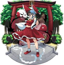  1girl absurdres ascot black_sclera blue_hair bow breasts brown_eyes brown_hair colored_sclera commentary_request corruption detached_sleeves epic_armageddon foul_detective_satori frilled_bow frills full_body gacha_splash_(style) hair_bow hair_tubes hakurei_reimu hakurei_reimu_(vengeful_spirit) highres long_hair looking_at_viewer medium_breasts midriff mismatched_sclera navel orb possessed red_bow red_shoes red_skirt revision ribbon-trimmed_sleeves ribbon_trim shoes simple_background skirt skirt_set socks solo torii touhou transparent_background tree white_socks yellow_ascot yin_yang yin_yang_orb 