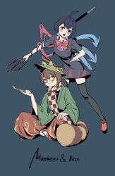  2girls :3 absurdres ahoge asymmetrical_wings black_dress black_hair black_thighhighs blue_background blush bow bowtie brown_eyes brown_hair brown_skirt character_name checkered_clothes checkered_scarf chenwei_jun chinese_commentary commentary_request dress fingernails full_body futatsuiwa_mamizou green_hat green_kimono grey_eyes hand_on_own_hip hat hat_bell hat_bow highres holding holding_polearm holding_smoking_pipe holding_weapon houjuu_nue indian_style japanese_clothes kimono multiple_girls open_mouth polearm raccoon_girl raccoon_tail red_bow red_bowtie red_shoes sandals scarf shoes short_hair sideways_glance sitting skirt smoking_pipe socks tail teeth thigh-highs touhou trident upper_teeth_only weapon white_socks wings yellow_bow 